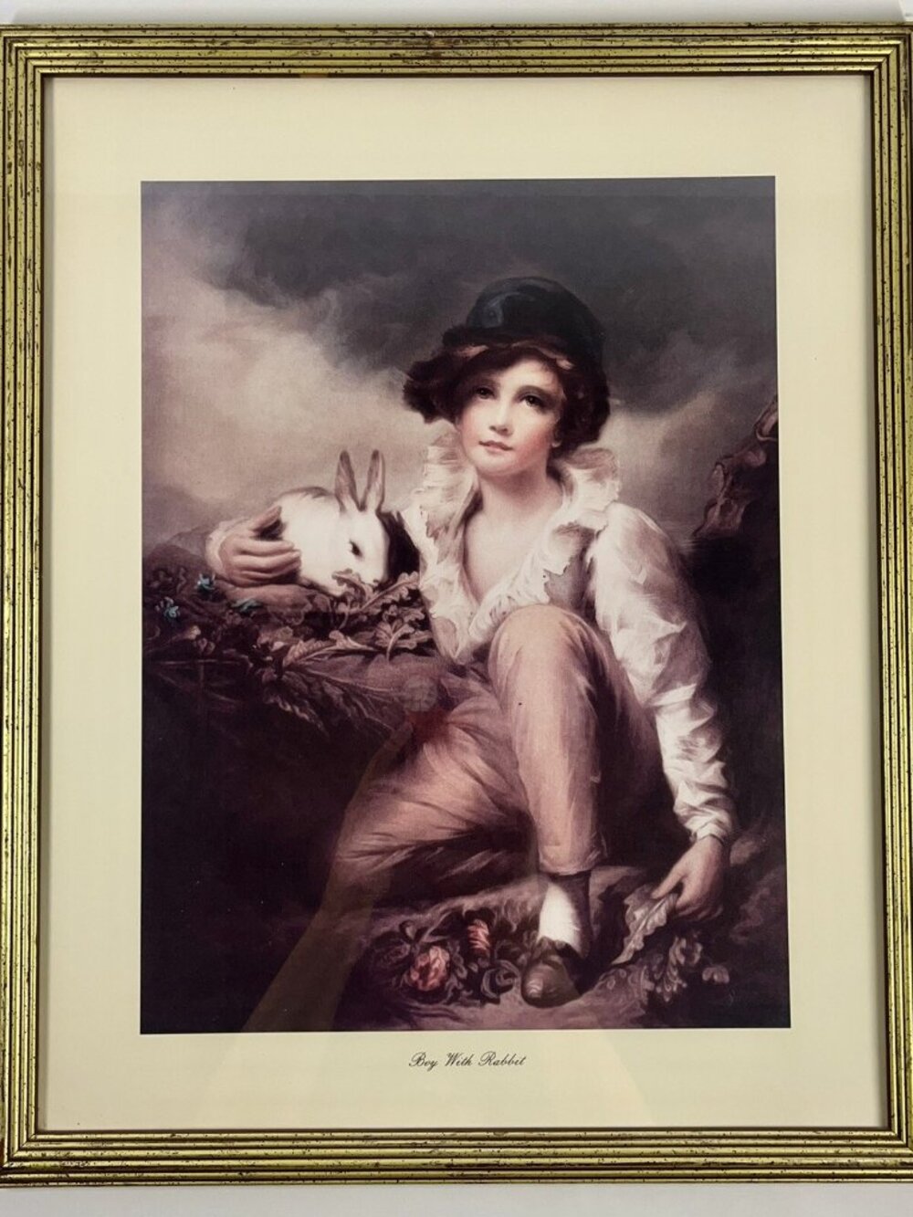 VTG Boy with Rabbit Print By Henry Raeburn Matted Gold Frame 17.5” x 21.5”